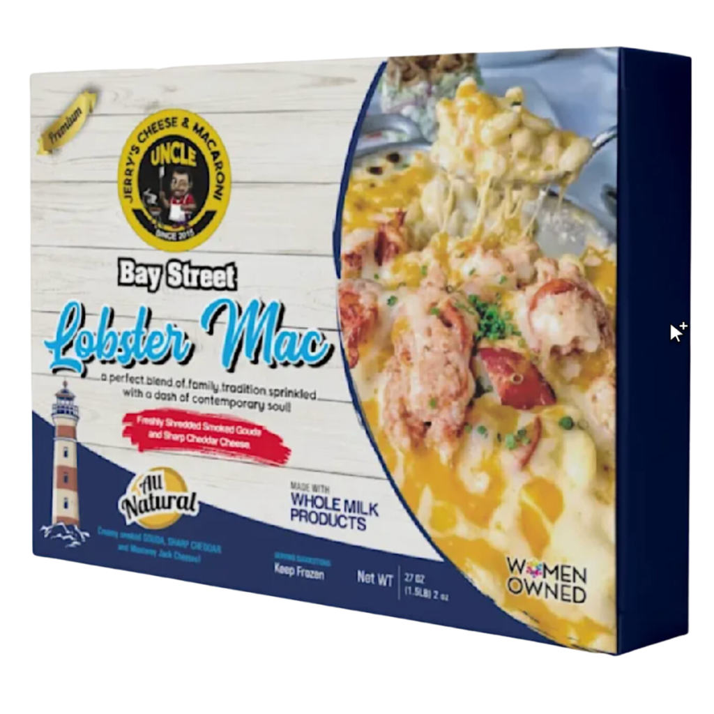 A box of lobster mac and cheese with corn.
