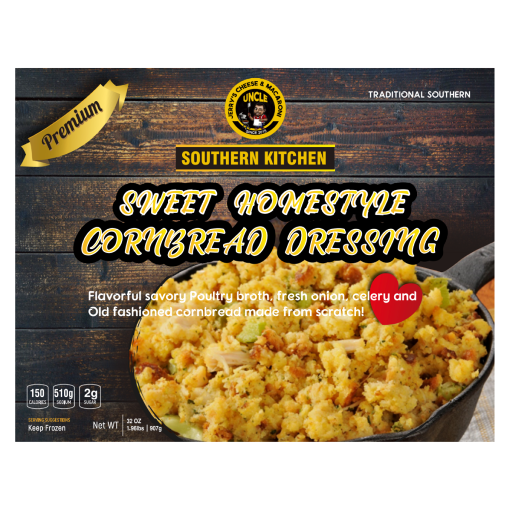 A box of cornbread dressing with the label southern kitchen.